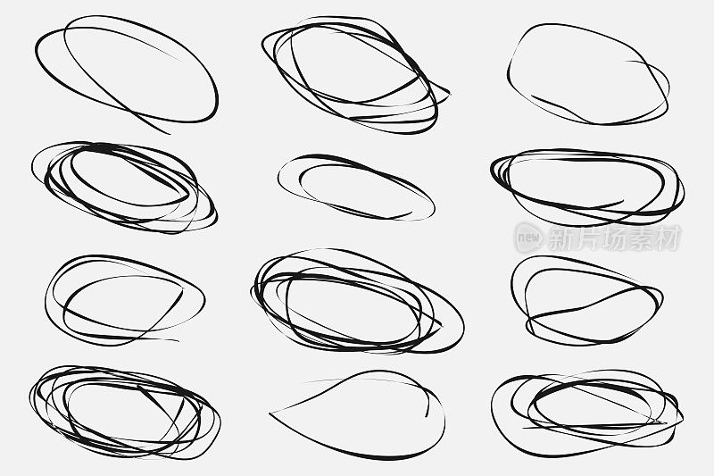 矢量集合的对象手绘使用黑色涂鸦椭圆在白色背景插图设计