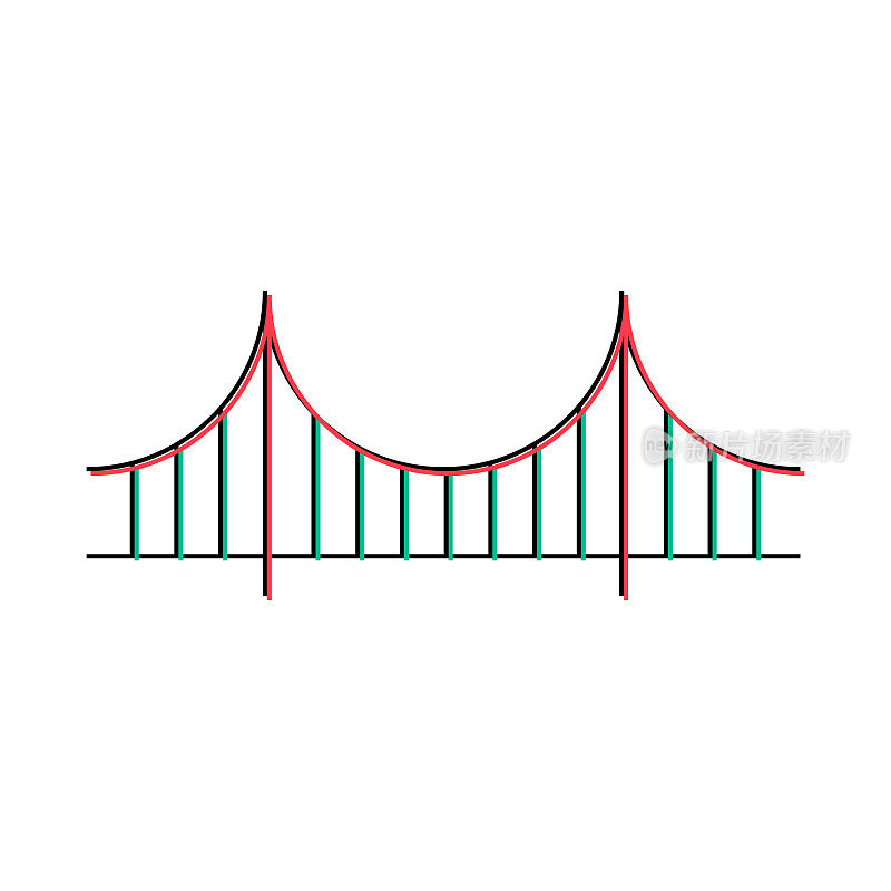 桥梁图标剪影，城市建筑设计，旅游线路建设符号矢量插图
