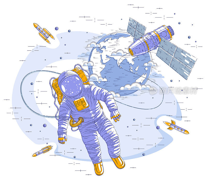 背景是在与空间站和地球相连的开放空间中飞行的宇航员，穿着宇航服的男女宇航员漂浮在失重状态和宇宙飞船、火箭和恒星中。向量。
