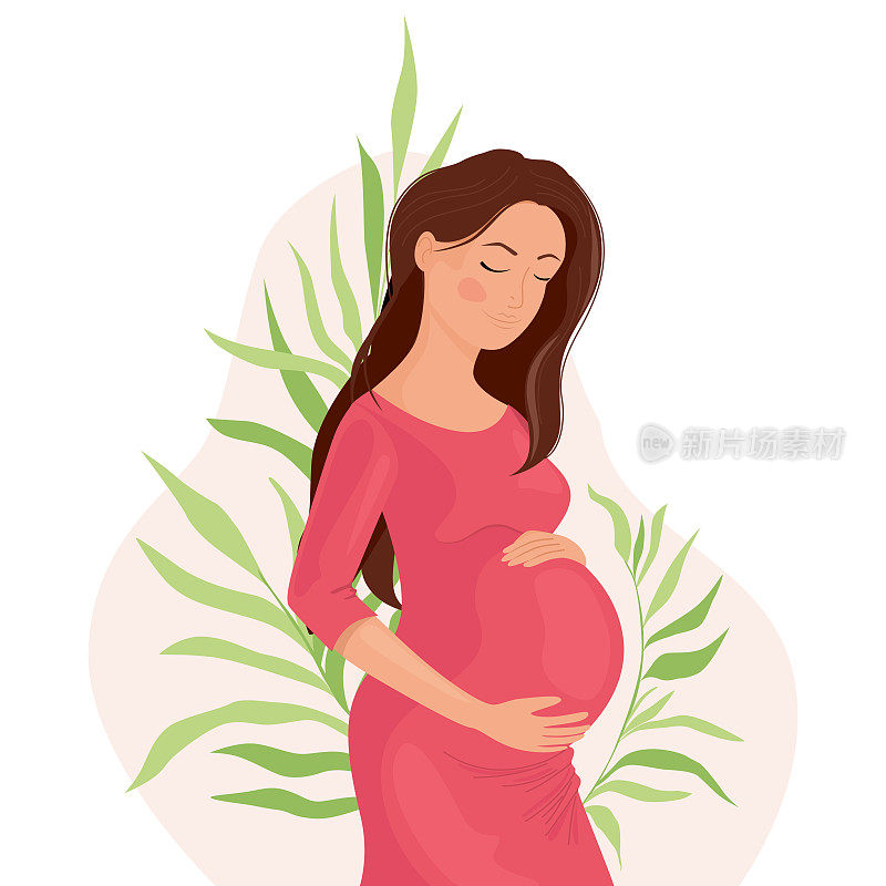 幸福的孕妇抱着肚子，用树叶做背景，生命诞生了。怀孕和生育。快乐的怀孕。