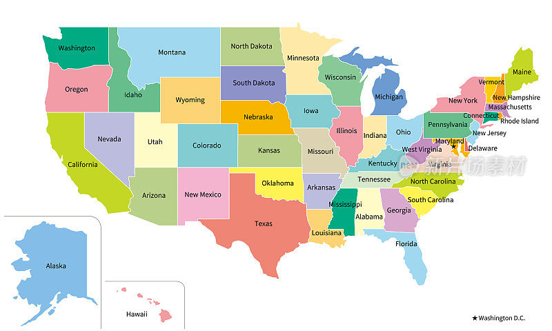 美国地图，全部50个州，英文州名