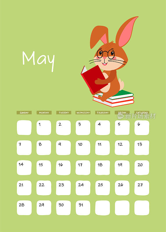 2023年5月的挂历A3页。可爱的棕色兔子或兔子与书，象征2023年根据东方或中国日历。矢量股票准备打印模板。