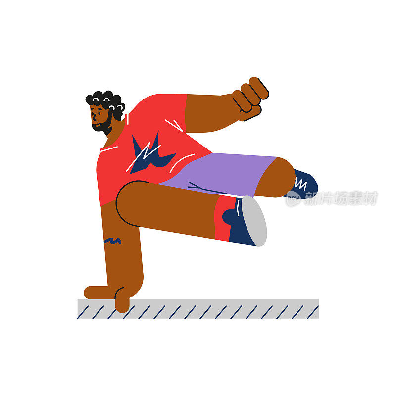 男子表演跑酷和跳过障碍，平面矢量插图孤立在白色背景。