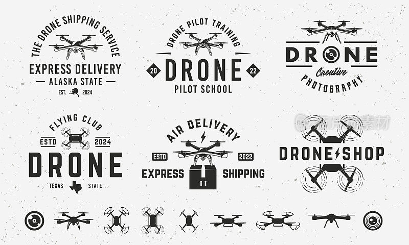 复古潮人徽标模板和6个设计元素的无人机业务。无人机，无人机标志模板。无人机的剪影。矢量图