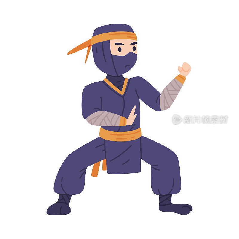 忍者或忍者角色作为日本秘密特工或雇佣兵在Shozoku伪装服装在战斗姿势矢量插图