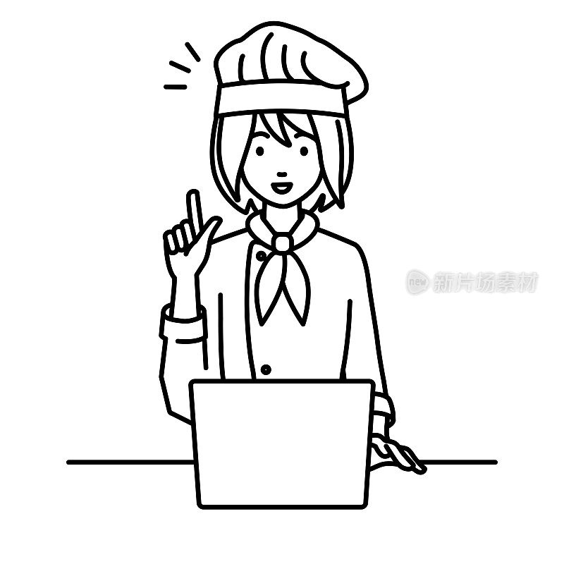 一名妇女在用笔记本电脑做饭，用手指着她的桌子想办法