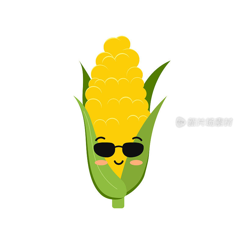 可爱的玉米棒子戴太阳镜酷有趣的卡通宝宝零食人物矢量图标。