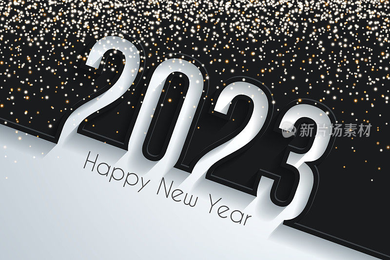 2023年新年快乐，金色闪光-黑色背景