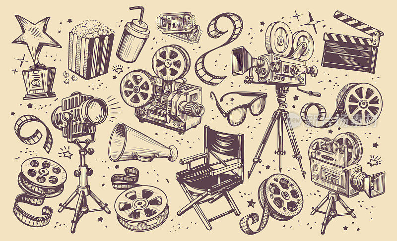 电影生产集合。电影工业复古概念。根据电影主题设置元素。的矢量图