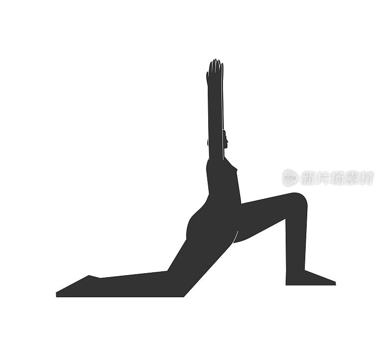 矢量孤立的插图与平面黑色轮廓的女性角色。爱运动的女子学习加强瑜伽姿势。健身运动-新月式高弓步。简约的设计