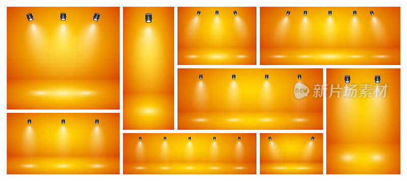 空的橙色工作室抽象背景与聚光灯。产品展示背景与聚光灯效果。舞台灯光。矢量图