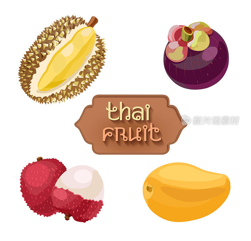 泰国的水果。来自泰国的水果。荔枝，榴莲，芒果，山竹。亚洲水果套装