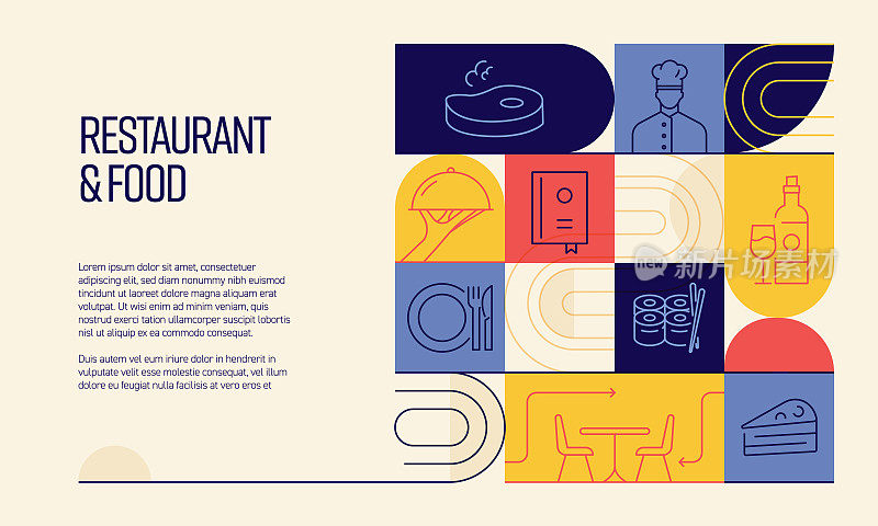 餐厅和食品相关的设计与线图标。简单轮廓符号图标。