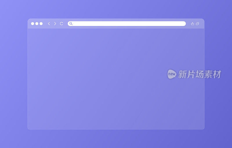 蓝色和紫色背景上的透明浏览器窗口。带有工具栏和搜索栏的internet浏览器窗口
