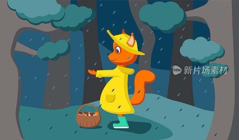 在雨中的森林里，一只穿着黄色外套的松鼠的插图。松鼠伸出爪子去抓雨滴。