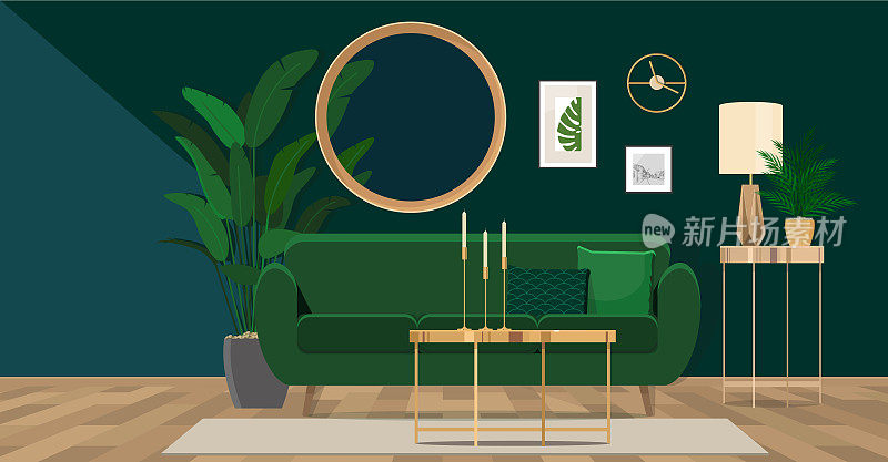 豪华的客厅，现代的室内设计，绿色天鹅绒沙发，茶几，和优雅的配件。