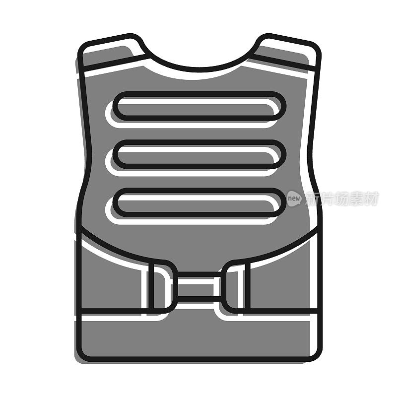 线性填充灰色颜色图标，士兵防弹衣。战斗中保护士兵胸部的装备。简单的黑白矢量隔离在白色背景上