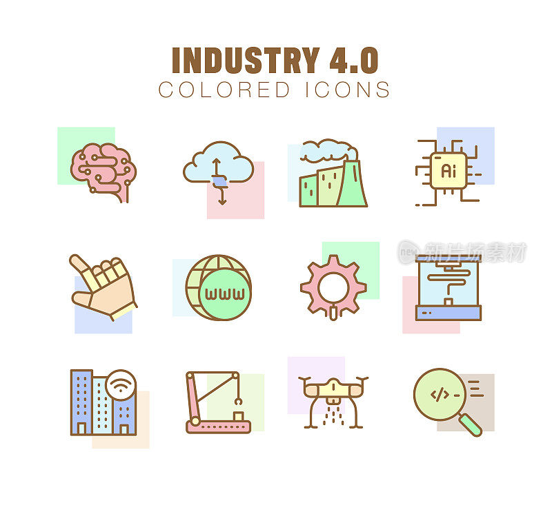 工业4.0线路图标集。可编辑的中风。像素完美。