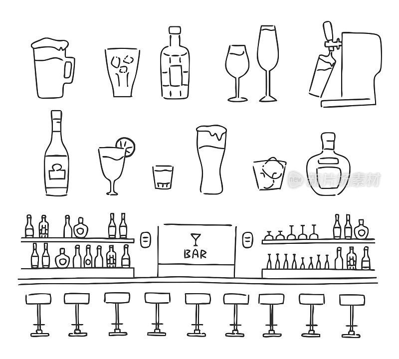 酒吧和酒精图标集合。