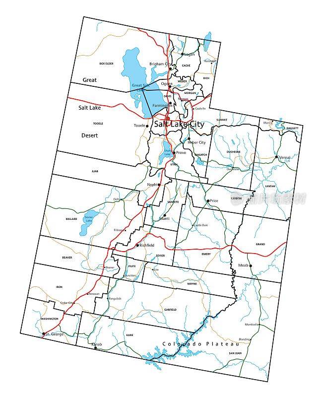 犹他州公路和高速公路地图。矢量插图。