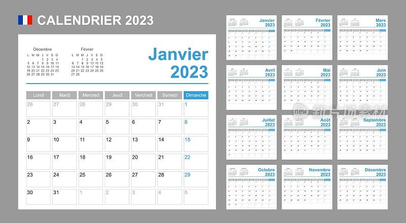 2023年的法国日历。一周从星期一开始。简单的矢量模板。商业设计规划师。