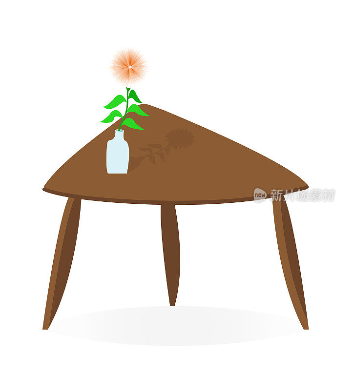 时尚的茶几和花瓶在木桌上。三角形矢量图，三脚咖啡桌。时髦的凳子，木桌和盆栽植物孤立在白色背景。