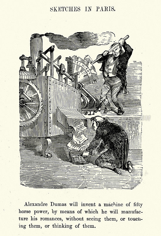 自动小说写作机，古斯塔夫・多雷的复古漫画，巴黎速写，法国，1860年代维多利亚时代。