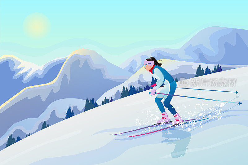 女滑雪者滑下山坡。在山上用滑雪板滑行。冬季活动。在阳光明媚的冬季阿尔卑斯山滑雪。山地景观冬季运动滑雪场。矢量图