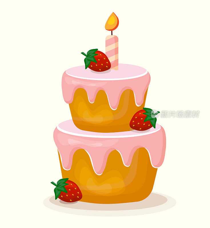 生日蛋糕与蜡烛和草莓矢量隔离插图。粉色糖衣的两层蛋糕。