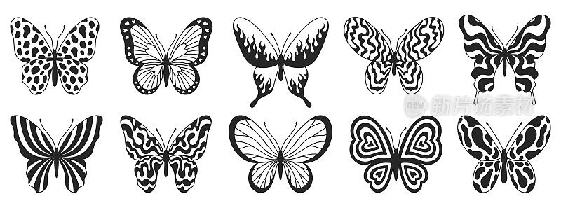 蝴蝶第一套黑白相间的翅膀以波浪线条和有机形状的风格出现。Y2k美学，纹身轮廓，手绘贴纸。矢量图形在时尚的复古2000年代的风格