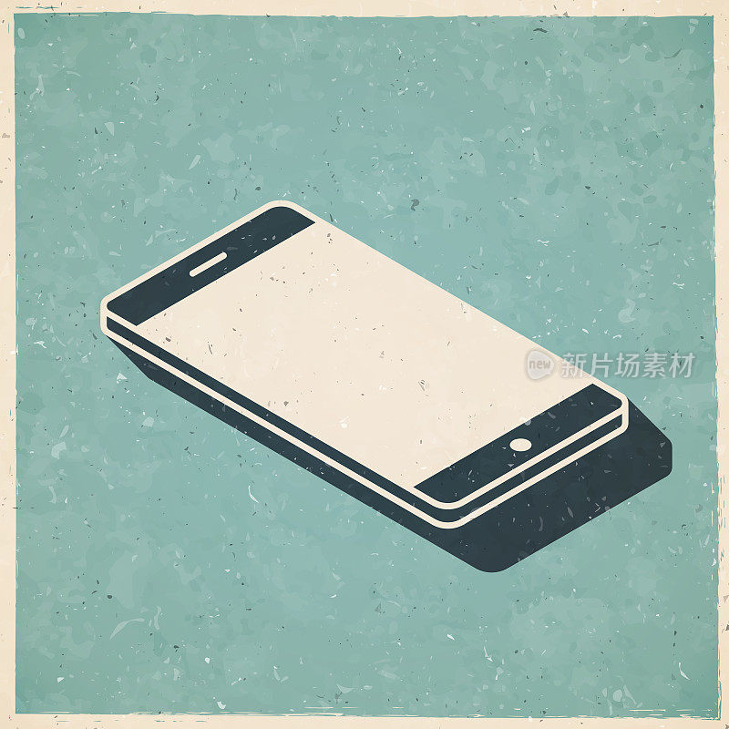 等距智能手机-平面位置。图标复古复古风格-旧纹理纸