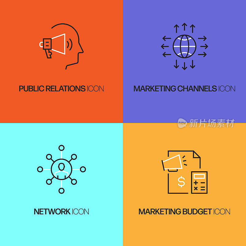 营销相关的矢量线图标。轮廓符号集合