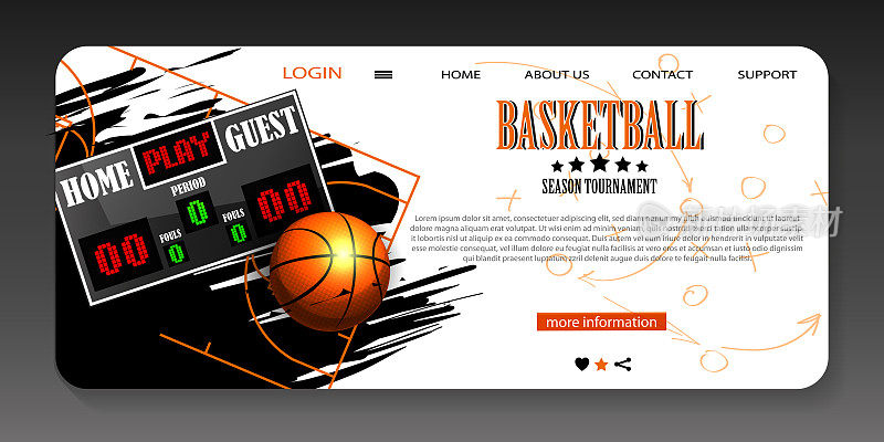 现实风格的体育与电子商务理念。篮球与信息板和游戏策略在一个白色的背景。创意网页模板或网页横幅与复制空间。