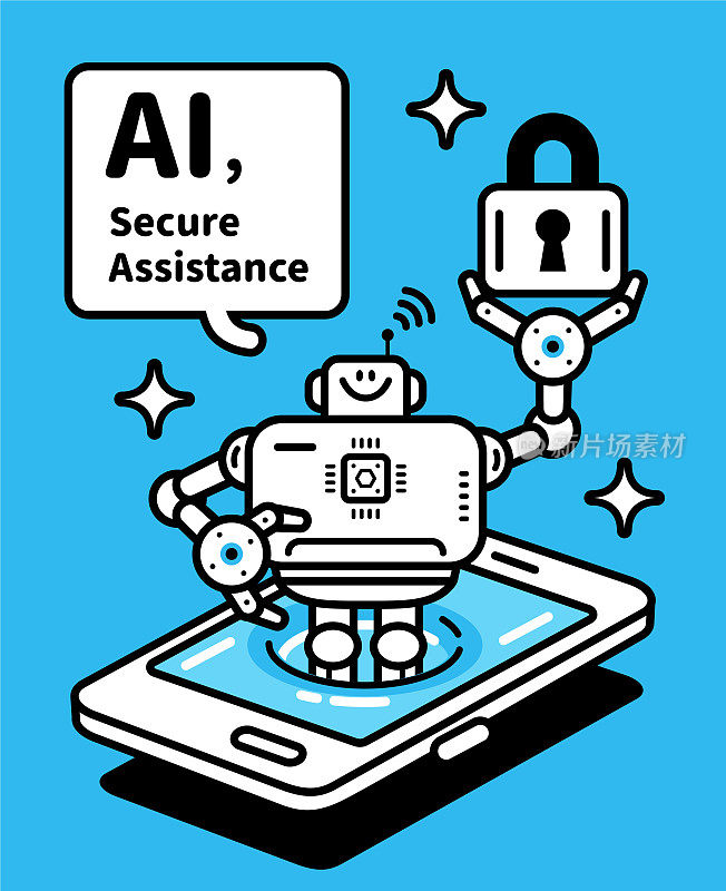 一个人工智能聊天机器人助手出现在智能手机屏幕上，并拿着一把锁