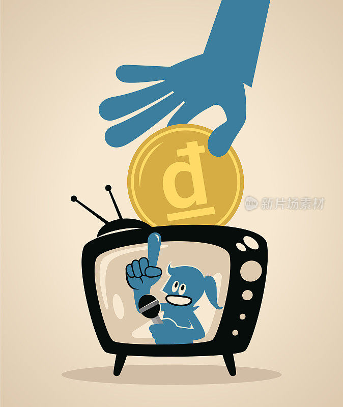 电视屏幕上，一位身着蓝色制服的女主持人拿着麦克风说话，一只大手把钱放进电视里
