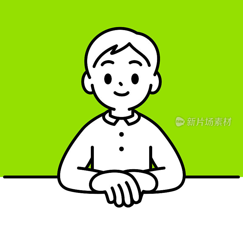 一个男孩坐在桌边面带微笑，一只手挽着另一只手，极简风格，黑白轮廓