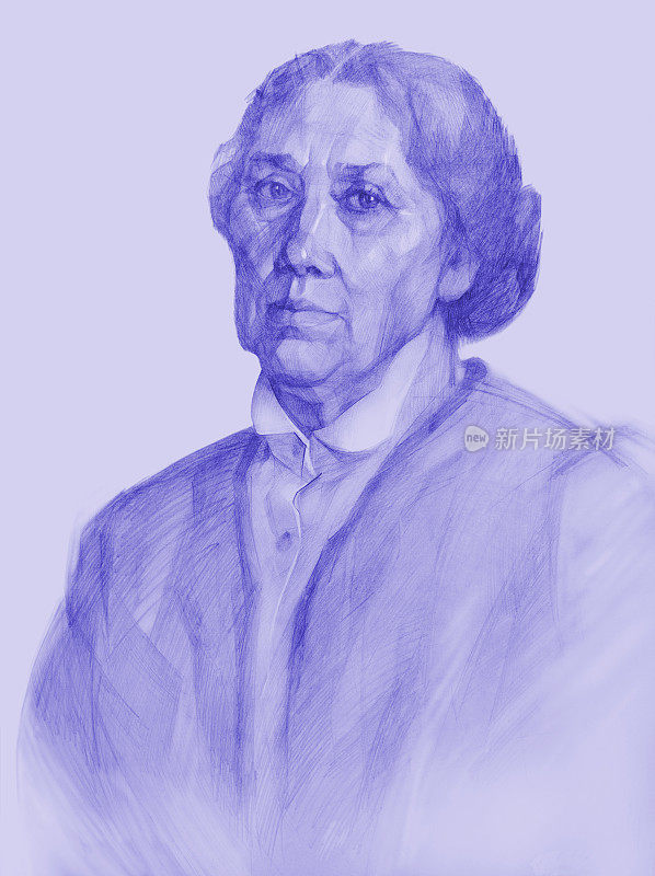 插图用蓝色铅笔画的老年妇女肖像，穿着白色衬衫，有衣领和羊毛夹克