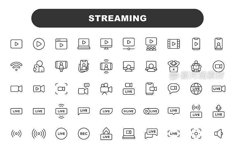 流式线路图标。可编辑的中风。包含诸如直播，网络流媒体，广播，播客，电视，体育，屏幕，电影，电影，社交媒体，影响者等图标。