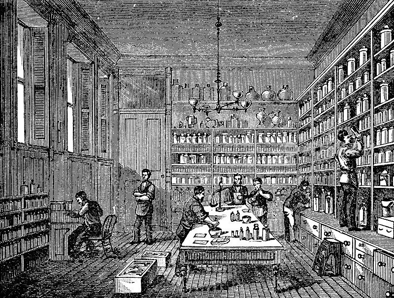 19世纪，美国纽约州布法罗的荣军酒店和外科学院私立医院(皮尔斯宫)的药房