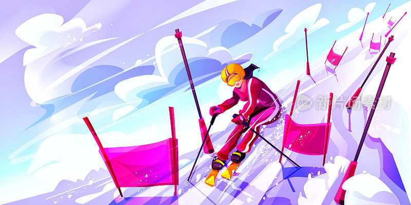 概念的速度滑雪和胜利的卡通风格。一个年轻的女孩在滑雪斜坡上滑雪，在冬季风景的背景下，她拿着指示旗。