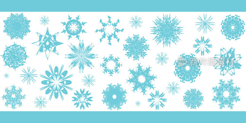 一组抽象形状的雪花在一个白色的背景。创意矢量设置在平面风格。