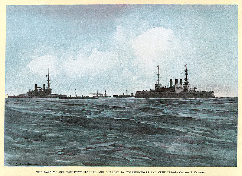 军事历史，美国海军舰队，战列舰，印第安纳和纽约，由鱼雷艇和巡洋舰守卫，美西战争