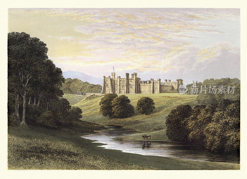 Brancepeth城堡，达勒姆郡，英格兰，历史英国建筑，19世纪景观艺术