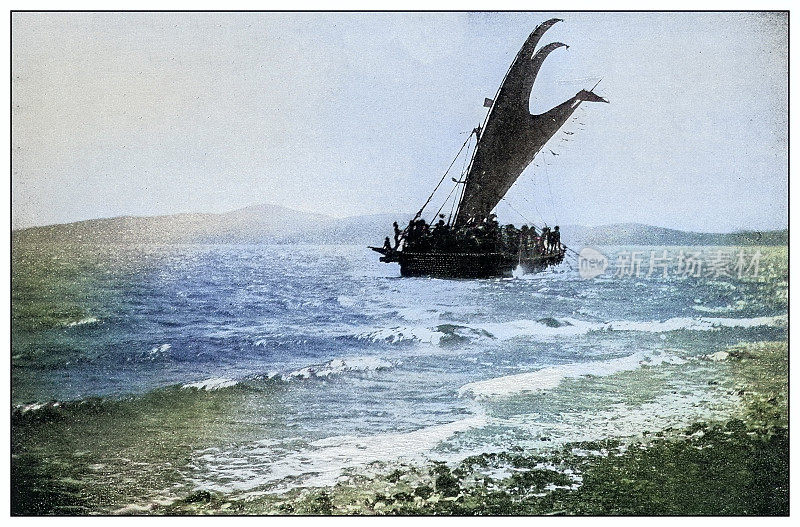 古色古色的黑白照片:摩洛普拉胡或海盗船，菲律宾