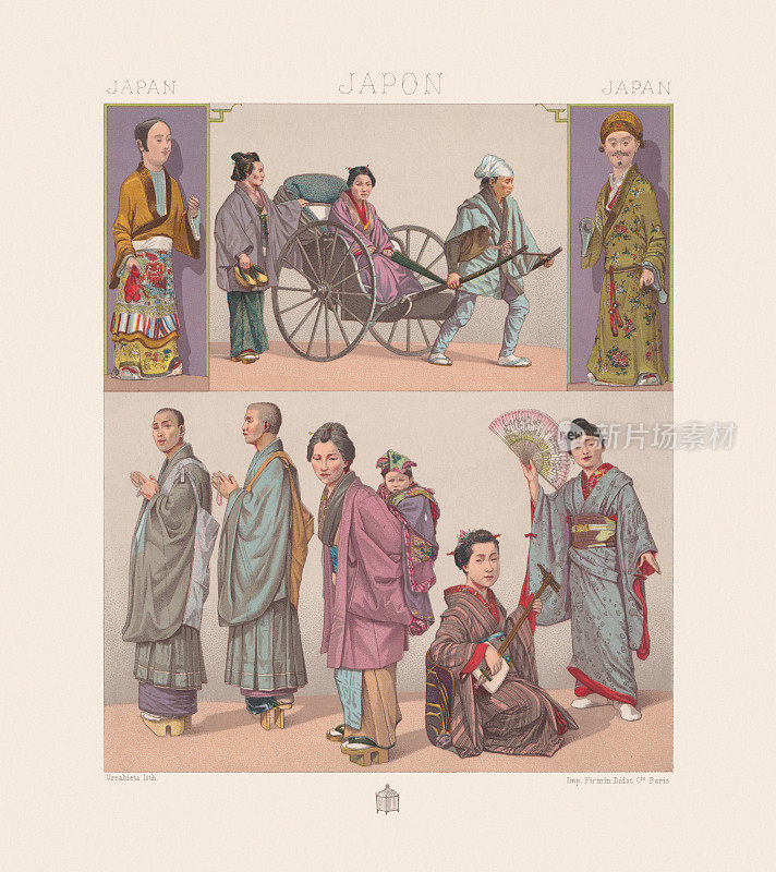 日本传统服饰中的男女，彩色印刷版，1888年出版