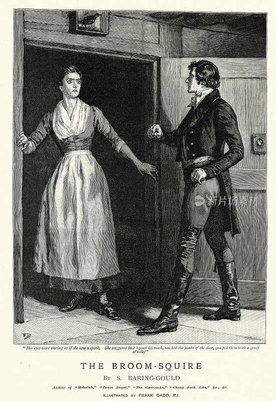 女人被门口的男人吓了一跳，场景选自《扫帚侍从》，S・巴林・古尔德，弗兰克・达德插画，19世纪90年代