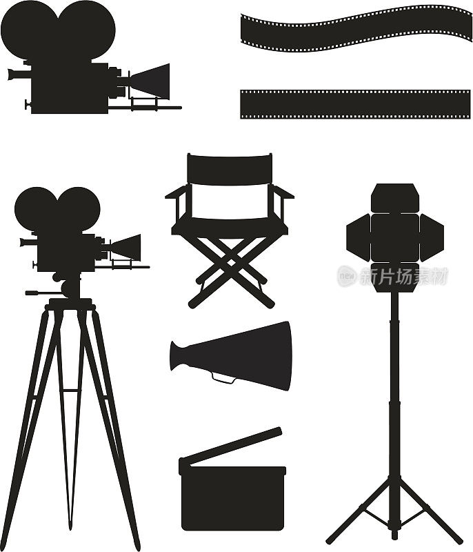 设置图标剪影电影摄影电影和电影矢量插图