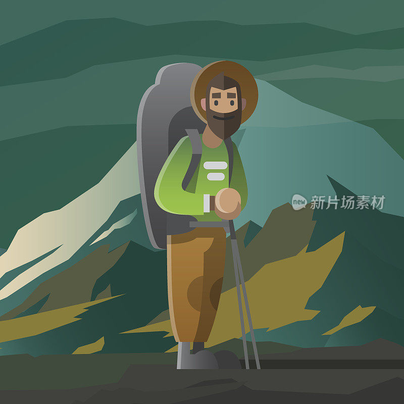 一个大胡子背着背包的男人在山里。