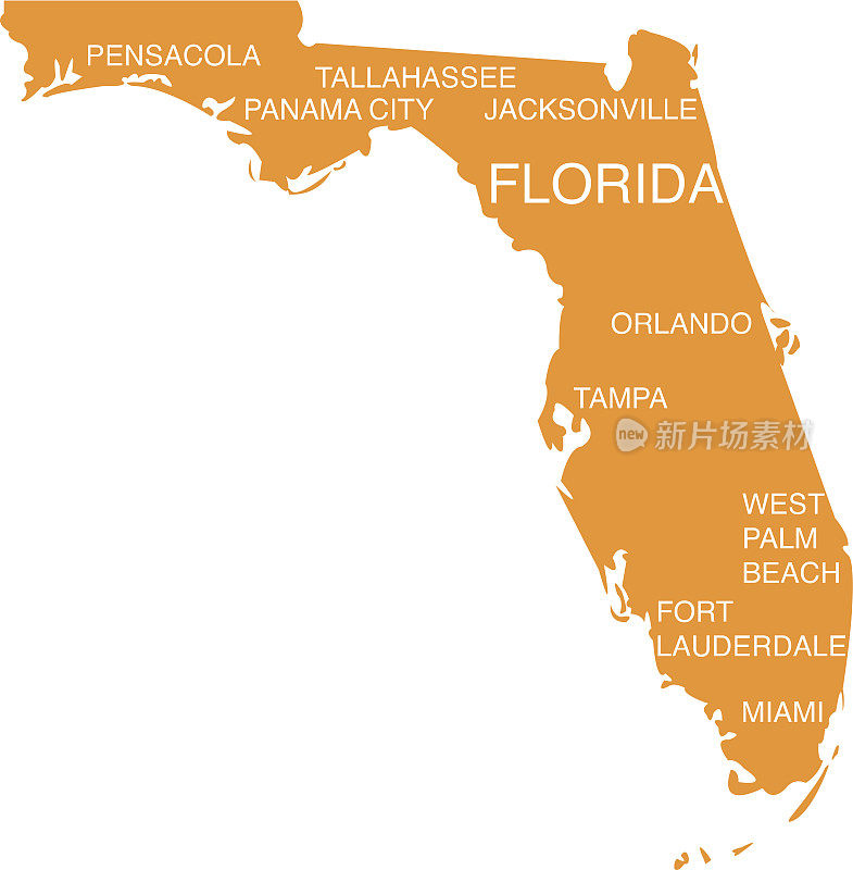 橙色佛罗里达州地图，白色背景
