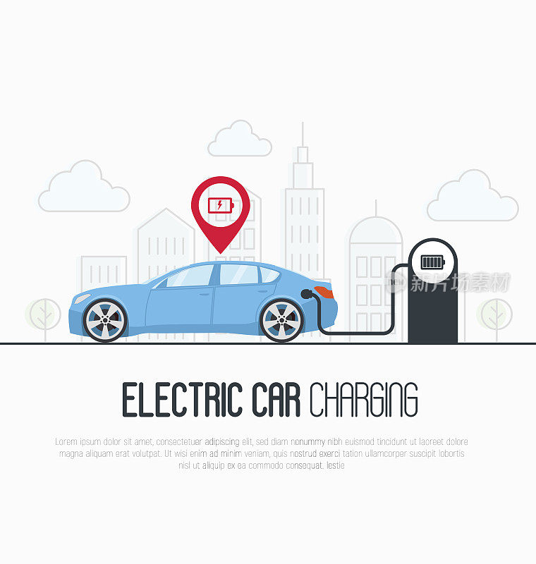 电动蓝色汽车与低电池指针和充电站在大都市的背景。细线矢量插图。